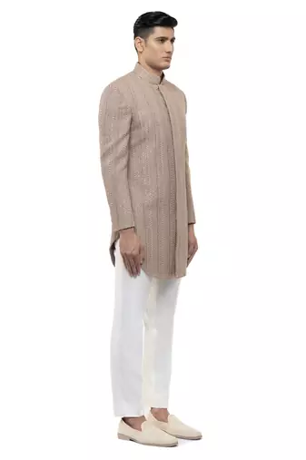 Beige embroidered cotton sherwani set