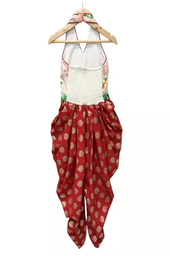 woven sleeveless printed jumpsuit-white & red