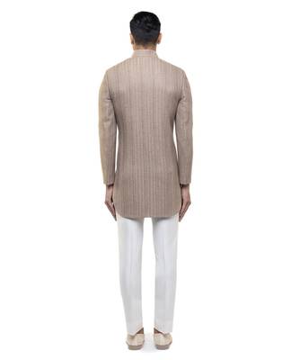 Beige embroidered cotton sherwani set 4