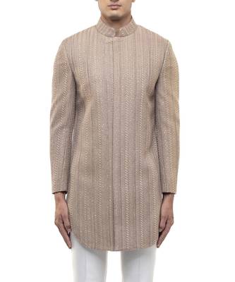 Beige embroidered cotton sherwani set 5