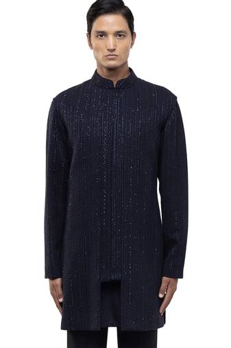 Blue embroidered silk sherwani set