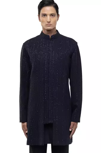 Blue embroidered silk sherwani set