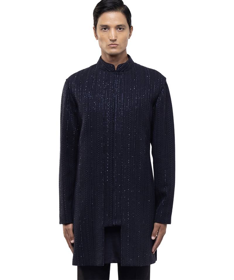 Blue embroidered silk sherwani set