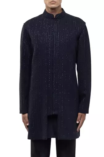 Blue embroidered silk sherwani set