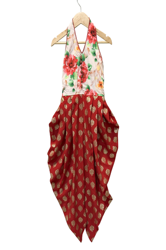 woven sleeveless printed jumpsuit-white & red