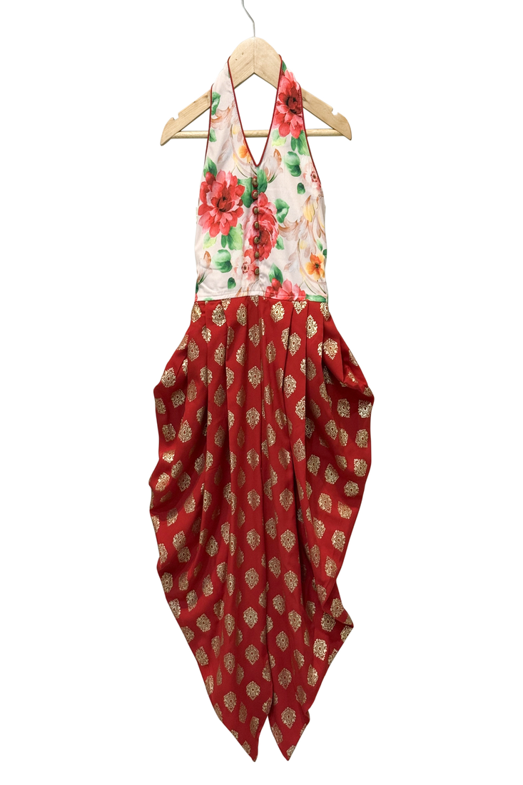 woven sleeveless printed jumpsuit-white & red