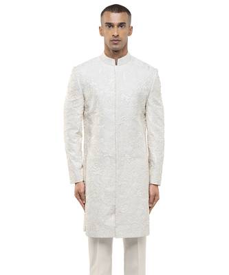 White embroidered silk sherwani set 1