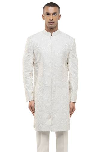 White embroidered silk sherwani set