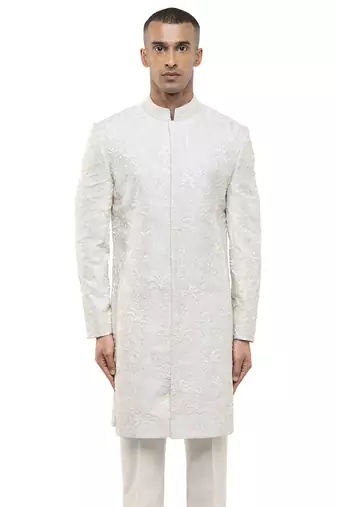 White embroidered silk sherwani set