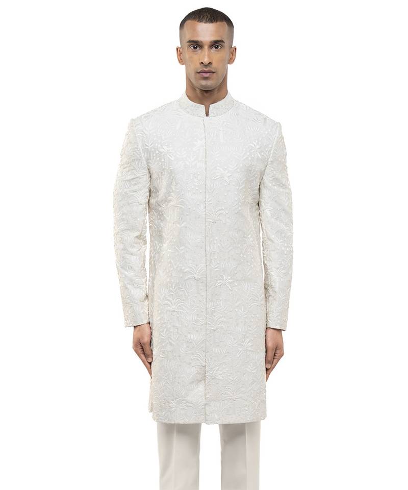 White embroidered silk sherwani set