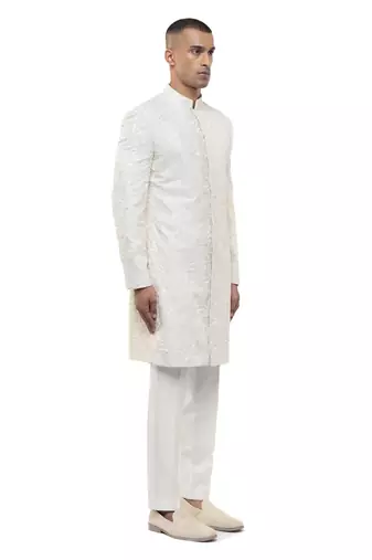 White embroidered silk sherwani set