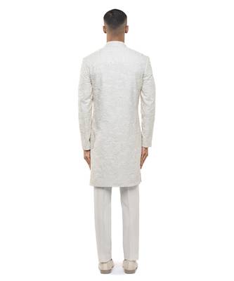 White embroidered silk sherwani set 4