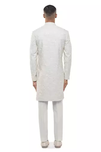 White embroidered silk sherwani set