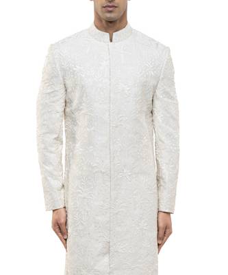 White embroidered silk sherwani set 5