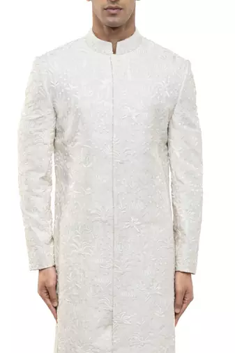 White embroidered silk sherwani set