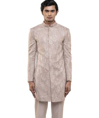 Pink embroidered silk sherwani set 1