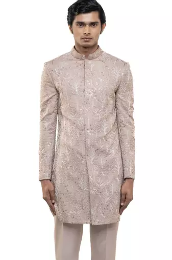 Pink embroidered silk sherwani set