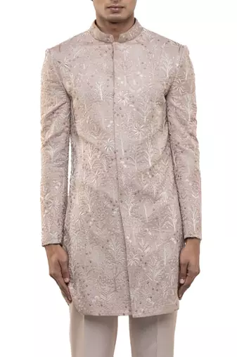 Pink embroidered silk sherwani set