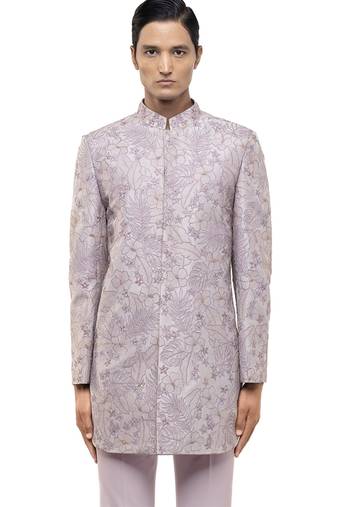Purple embroidered silk sherwani set