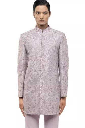 Purple embroidered silk sherwani set