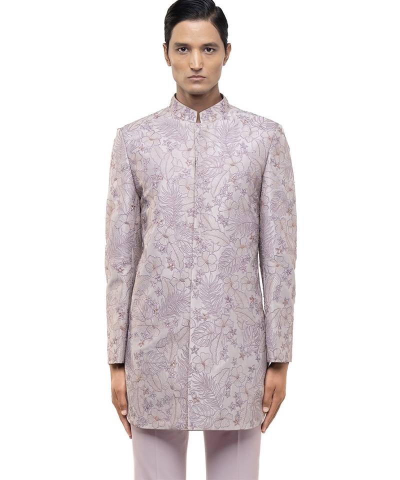 Purple embroidered silk sherwani set