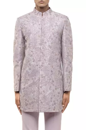 Purple embroidered silk sherwani set