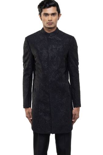 Black embroidered silk sherwani set