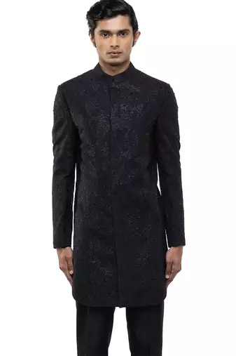 Black embroidered silk sherwani set