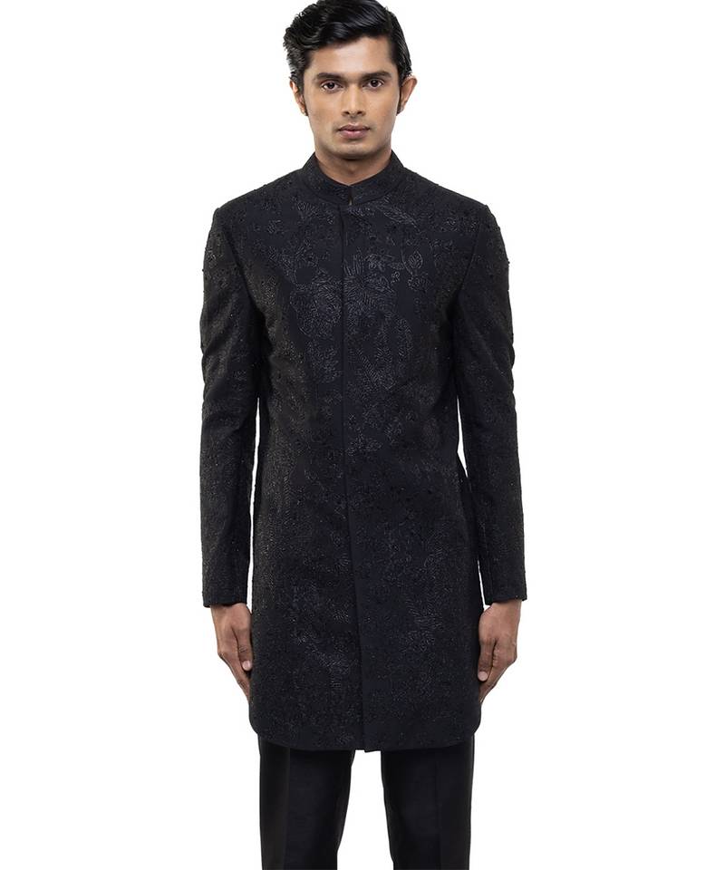 Black embroidered silk sherwani set