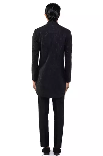 Black embroidered silk sherwani set
