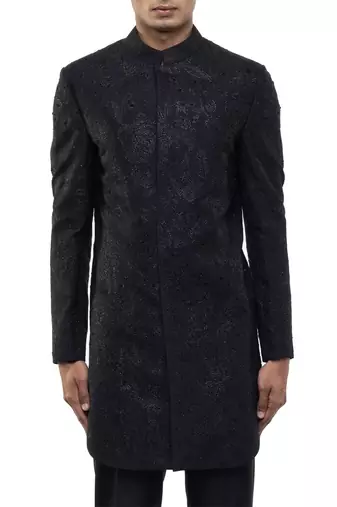 Black embroidered silk sherwani set