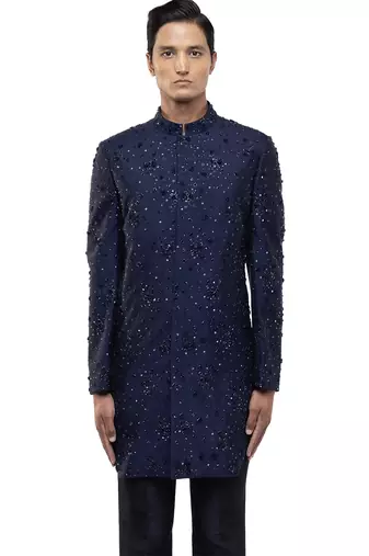 Blue embroidered organza sherwani set