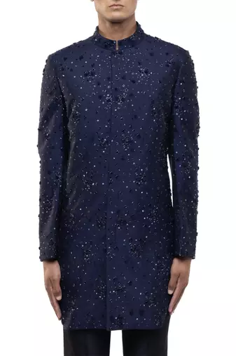 Blue embroidered organza sherwani set