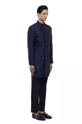 Blue embroidered organza sherwani set