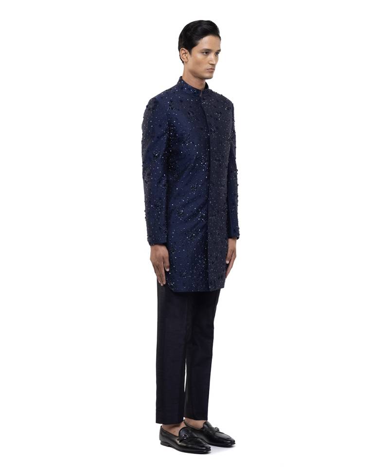 Blue embroidered organza sherwani set