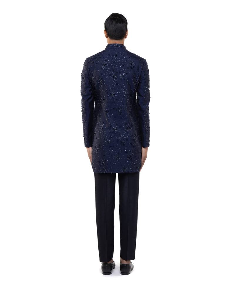 Blue embroidered organza sherwani set