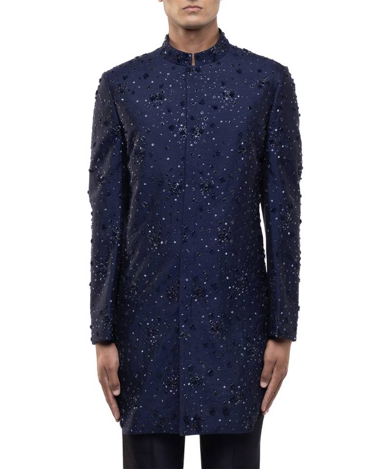Blue embroidered organza sherwani set