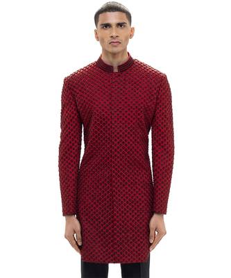 Red embroidered silk sherwani set 1