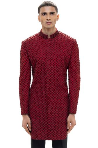 Red embroidered silk sherwani set