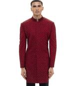 Red embroidered silk sherwani set