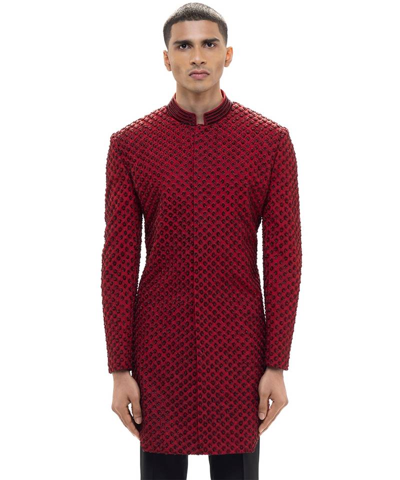Red embroidered silk sherwani set