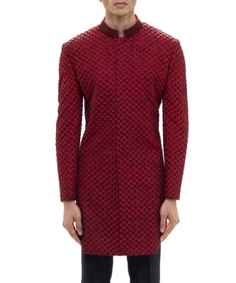 Red embroidered silk sherwani set 2