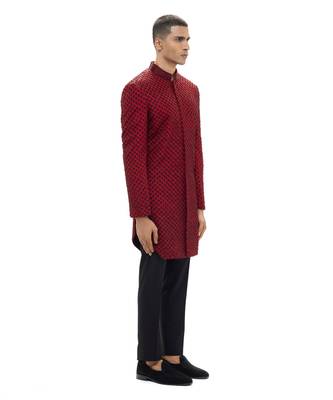 Red embroidered silk sherwani set 3
