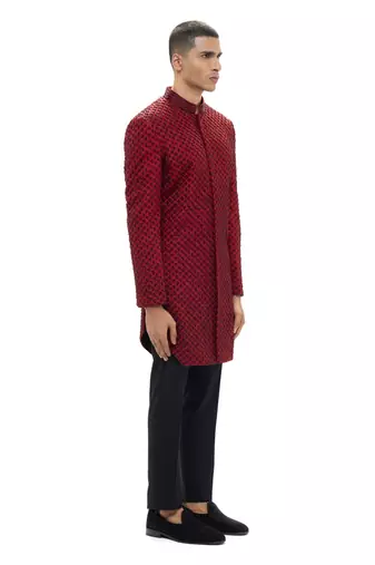 Red embroidered silk sherwani set