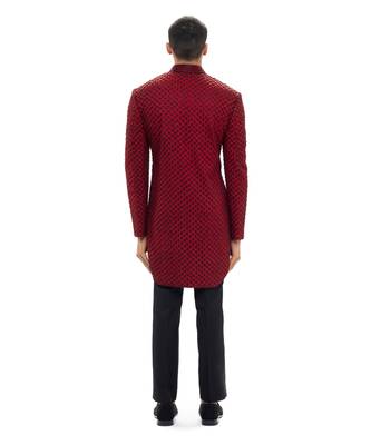 Red embroidered silk sherwani set 4