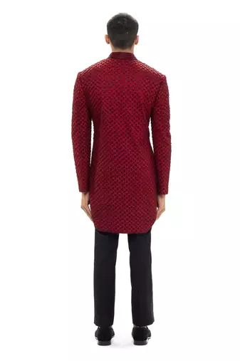 Red embroidered silk sherwani set