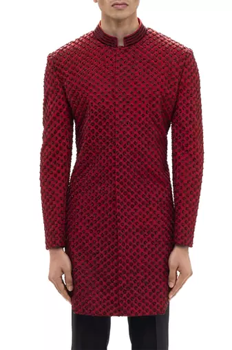 Red embroidered silk sherwani set