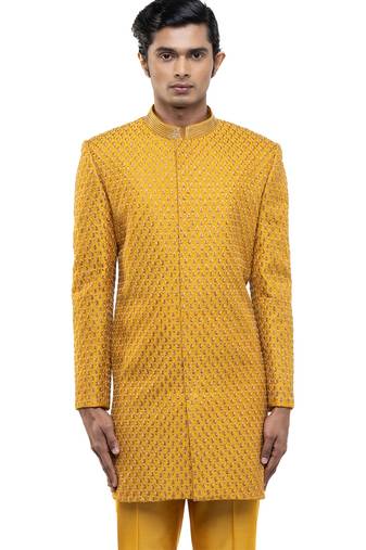 Yellow embroidered silk sherwani set