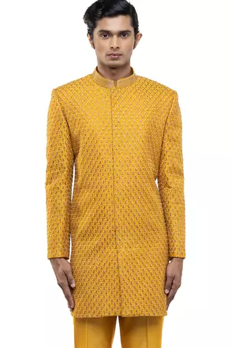 Yellow embroidered silk sherwani set