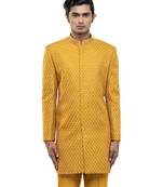Yellow embroidered silk sherwani set